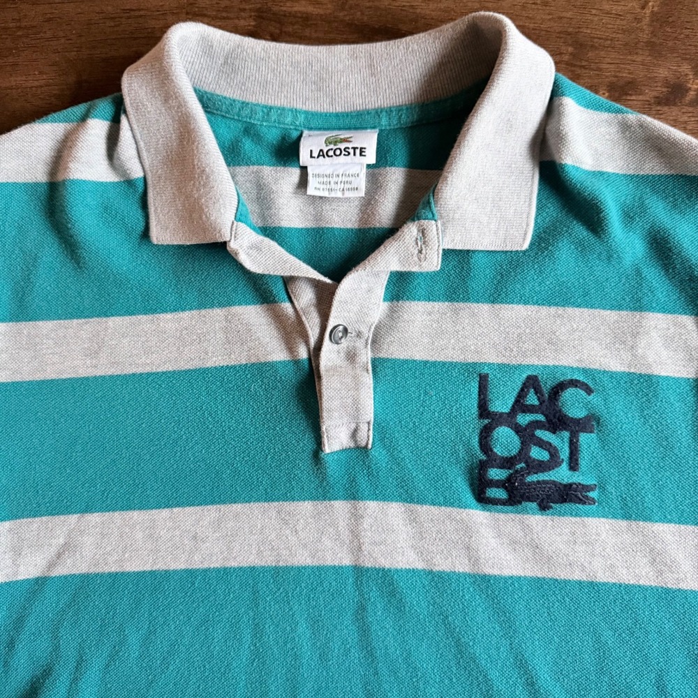 Lacoste Mens Teal Grey Striped Big Logo Pique Polo Shirt Size 5 Large Rare - Picture 2 of 6